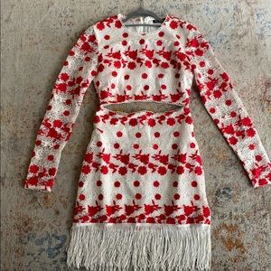 Nasty Gal White - Red Lace detail Fringe Dress